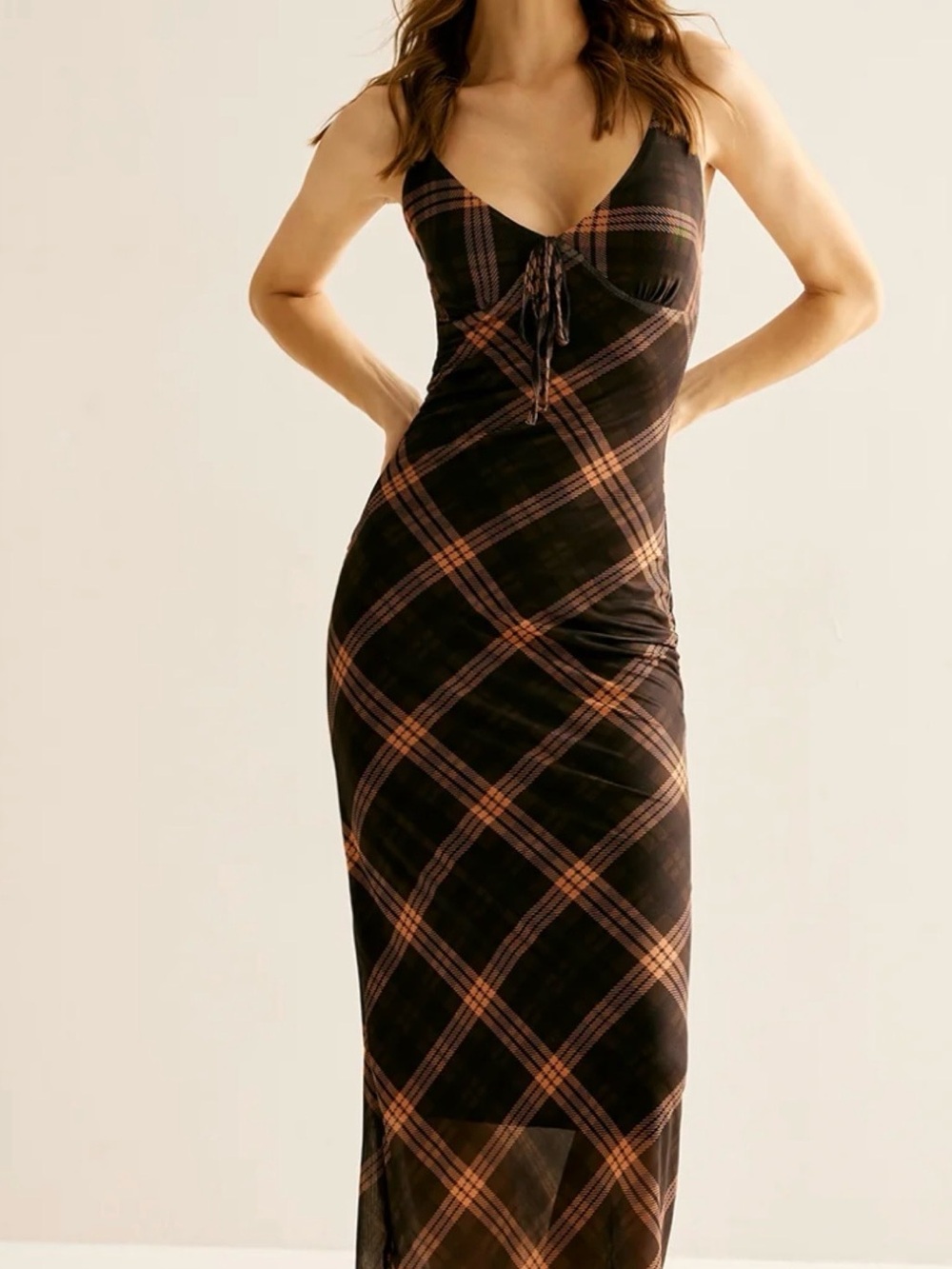 Commence Plaid Mesh Ruched Maxi Dress M NWT